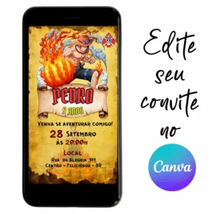 Convite Aniversário Digital One Piece - Ace 09 Personalizável pelo Canva