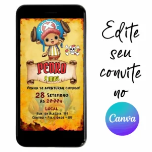 Convite Aniversário Digital One Piece - Chopper 10 Personalizável pelo Canva