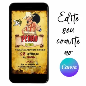 Convite Aniversário Digital One Piece - Usopp 11 Personalizável pelo Canva