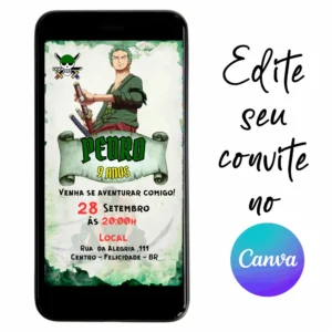 Convite Aniversário Digital One Piece - Zoro 13 Personalizável pelo Canva