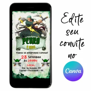 Convite Aniversário Digital One Piece - Zoro 14 Personalizável pelo Canva