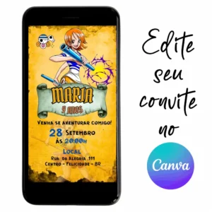 Convite Aniversário Digital One Piece - Nani 15 Personalizável pelo Canva