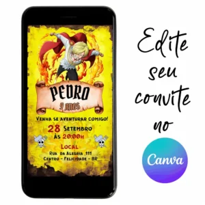 Convite Aniversário Digital One Piece - Sanji 16 Personalizável pelo Canva