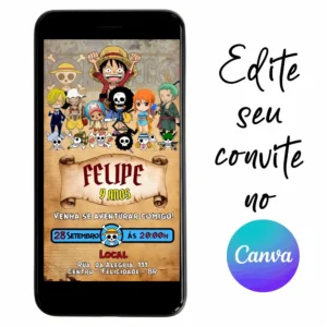 Convite Aniversário Digital One Piece 17 Personalizável pelo Canva