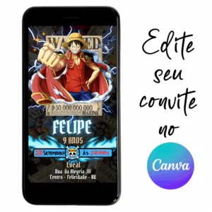 Convite Aniversário Digital One Piece 19 Personalizável pelo Canva