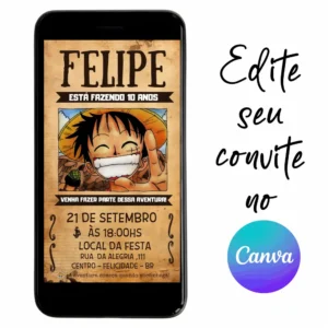 Convite Aniversário Digital One Piece 20 Personalizável pelo Canva