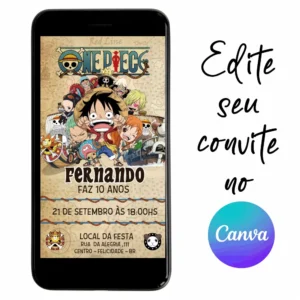 Convite Aniversário Digital One Piece 21 Personalizável pelo Canva