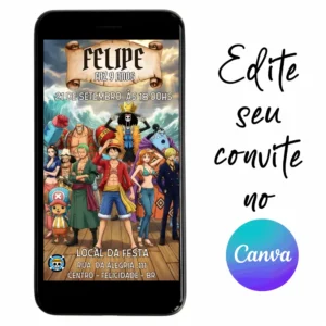 Convite Aniversário Digital One Piece 22 Personalizável pelo Canva