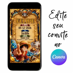 Convite Aniversário Digital One Piece 24 Personalizável pelo Canva