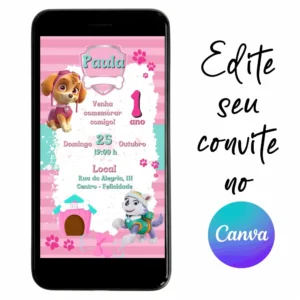 Convite Aniversário Digital Patrulha Canina 01 Personalizável pelo Canva