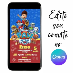 Convite Aniversário Digital Patrulha Canina 05 Personalizável pelo Canva