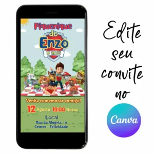Convite Aniversário Digital Patrulha Canina Piquenique 07 Personalizável pelo Canva