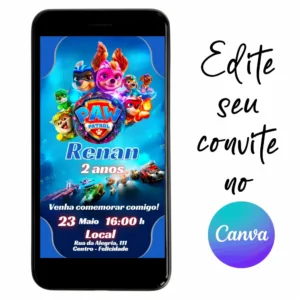 Convite Aniversário Digital Patrulha Canina O Filme 08 Personalizável pelo Canva