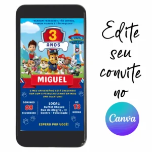 Convite Aniversário Digital Patrulha Canina 09 Personalizável pelo Canva