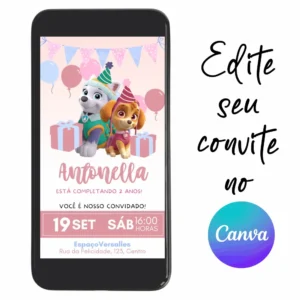 Convite Aniversário Digital Patrulha Canina 11 Personalizável pelo Canva