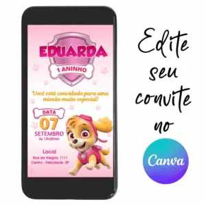 Convite Aniversário Digital Patrulha Canina 12 Personalizável pelo Canva