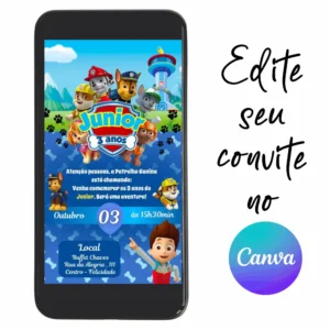 Convite Aniversário Digital Patrulha Canina 13 Personalizável pelo Canva