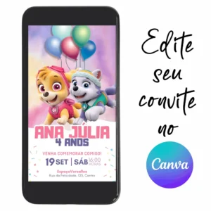 Convite Aniversário Digital Patrulha Canina 14 Personalizável pelo Canva