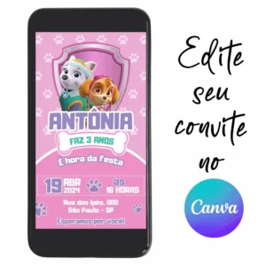 Convite Aniversário Digital Patrulha Canina 15 Personalizável pelo Canva