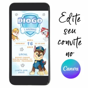 Convite Aniversário Digital Patrulha Canina 19 Personalizável pelo Canva