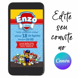 Convite Aniversário Digital Patrulha Canina 20 Personalizável pelo Canva