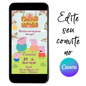 Convite Aniversário Digital Peppa Pig 01 Personalizável pelo Canva
