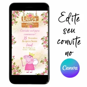 Convite Aniversário Digital Peppa Pig 04 Personalizável pelo Canva