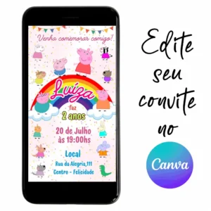 Convite Aniversário Digital Peppa Pig 07 Personalizável pelo Canva