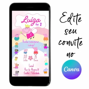 Convite Aniversário Digital Peppa Pig 08 Personalizável pelo Canva