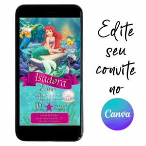 Convite Aniversário Digital Pequena Sereia Ariel 01 Personalizável pelo Canva