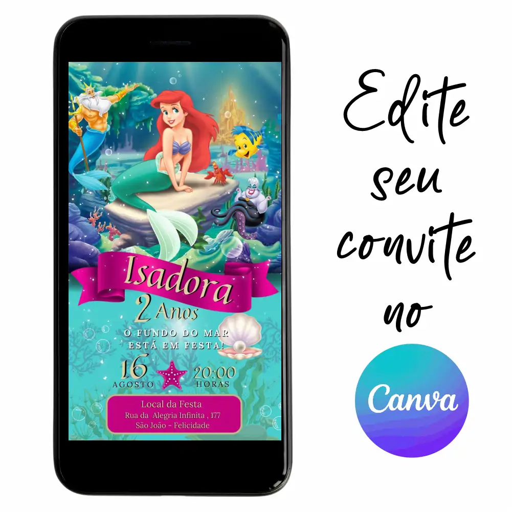 Pequena-Sereia-Ariel-01.webp Convite Aniversário Digital Pequena Sereia Ariel 01 Personalizável pelo Canva