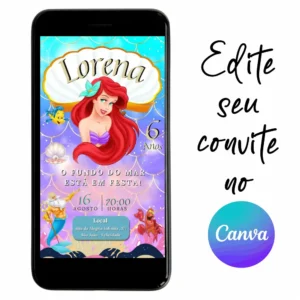 Convite Aniversário Digital Pequena Sereia Ariel 02 Personalizável pelo Canva