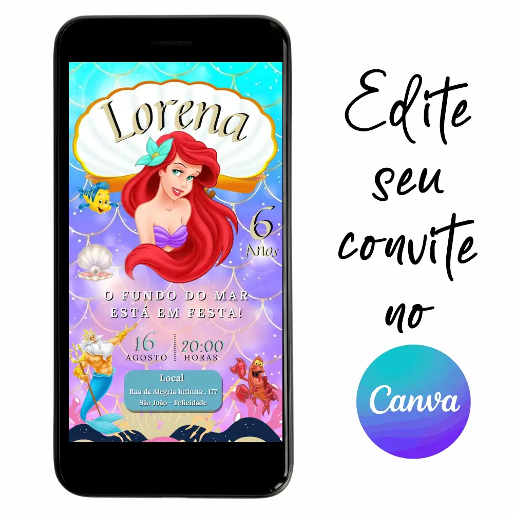 Pequena-Sereia-Ariel-02.webp Convite Aniversário Digital Pequena Sereia Ariel 02 Personalizável pelo Canva