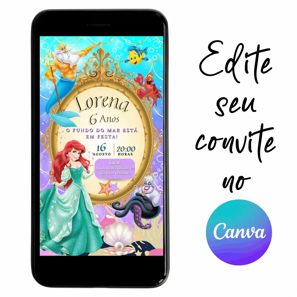 Pequena-Sereia-Ariel-03.webp Convite Aniversário Digital Pequena Sereia Ariel 03 Personalizável pelo Canva