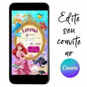 Convite Aniversário Digital Pequena Sereia Ariel 04 Personalizável pelo Canva