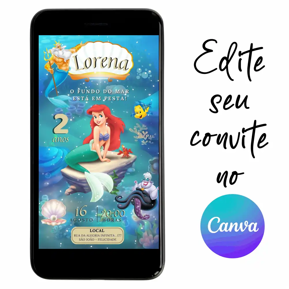 Pequena-Sereia-Ariel-05.webp Convite Aniversário Digital Pequena Sereia Ariel 05 Personalizável pelo Canva