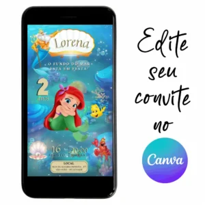 Convite Aniversário Digital Pequena Sereia Ariel 06 Personalizável pelo Canva