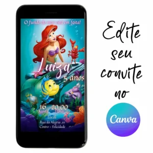 Convite Aniversário Digital Pequena Sereia Ariel 08 Personalizável pelo Canva