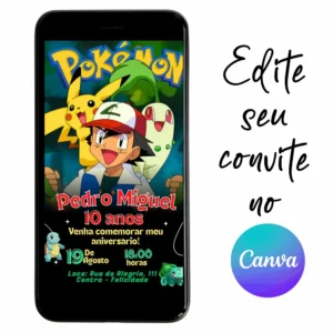 Convite Aniversário Digital Pokémon 05 Personalizável pelo Canva
