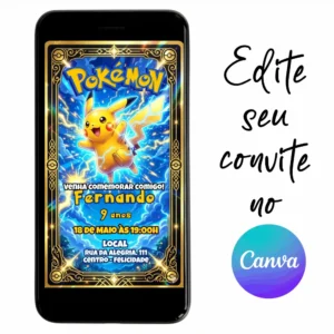 Convite Aniversário Digital Pokémon 15 Personalizável pelo Canva