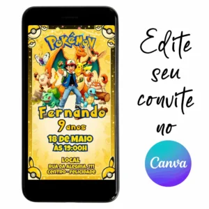 Convite Aniversário Digital Pokémon 19 Personalizável pelo Canva