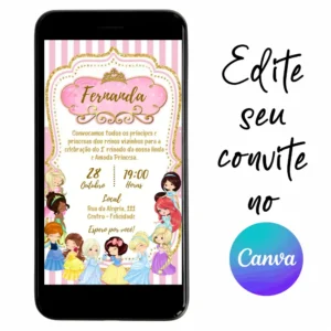 Convite Aniversário Digital Princesas Cute Baby 01 Personalizável pelo Canva