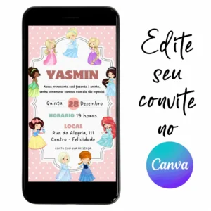 Convite Aniversário Digital Princesas Cute Baby 02 Personalizável pelo Canva