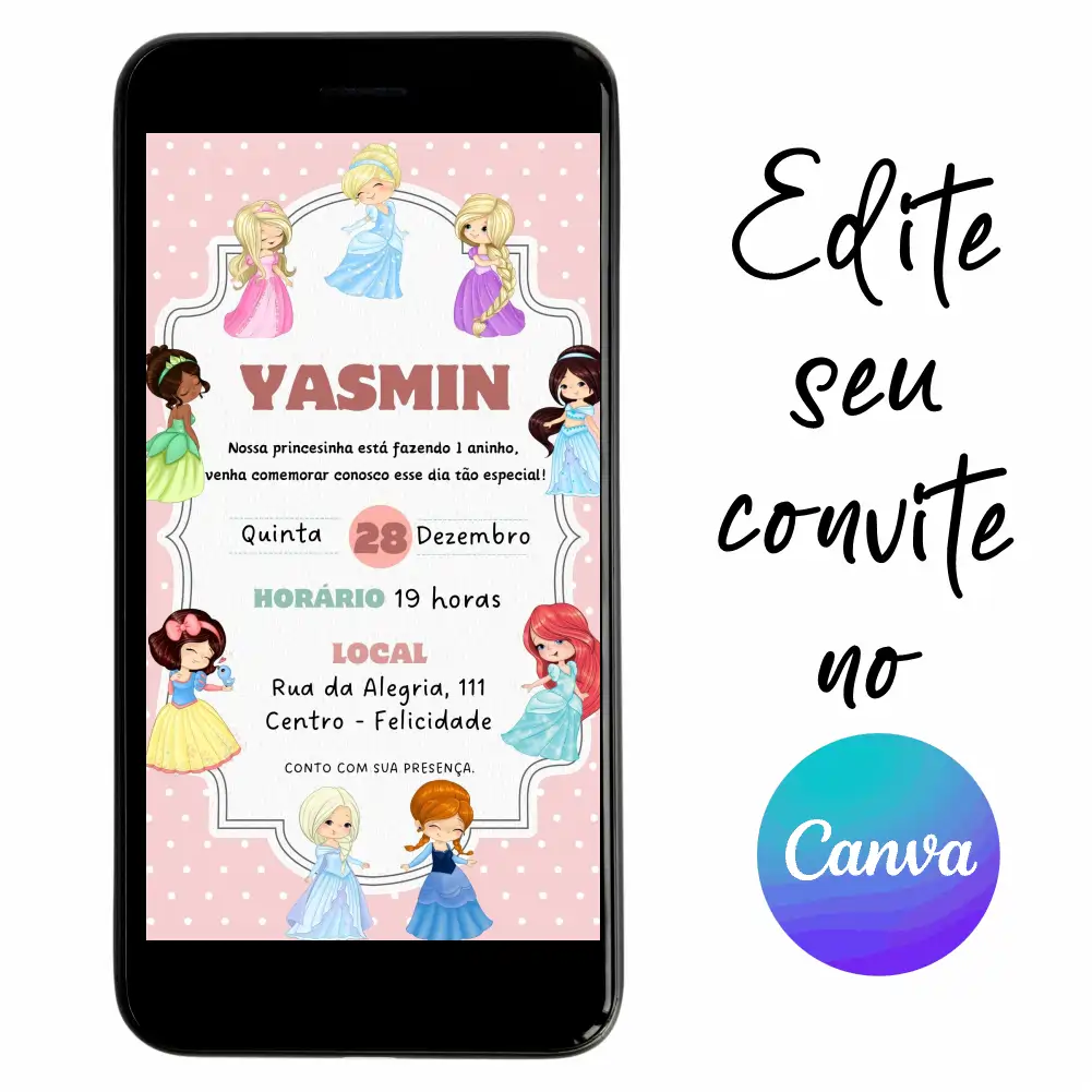 Princesas-Cute-Baby-02.webp Convite Aniversário Digital Princesas Cute Baby 02 Personalizável pelo Canva