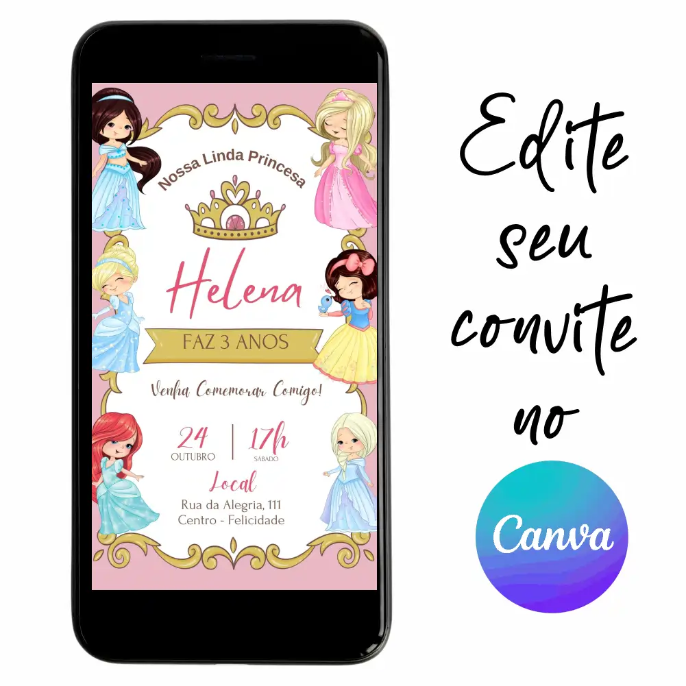 Princesas-Cute-Baby-03.webp Convite Aniversário Digital Princesas Cute Baby 03 Personalizável pelo Canva