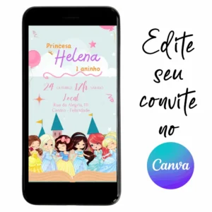 Convite Aniversário Digital Princesas Cute Baby 04 Personalizável pelo Canva