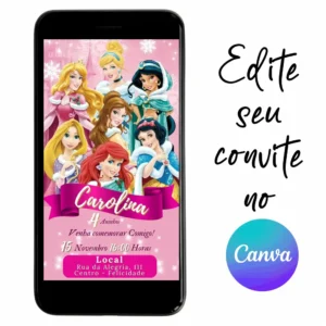 Convite Aniversário Digital Princesas 01 Personalizável pelo Canva
