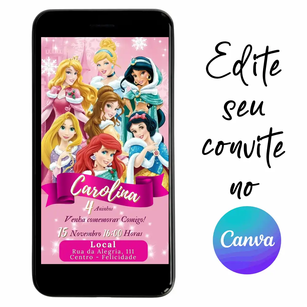 Princesas-Disney-01.webp Convite Aniversário Digital Princesas 01 Personalizável pelo Canva