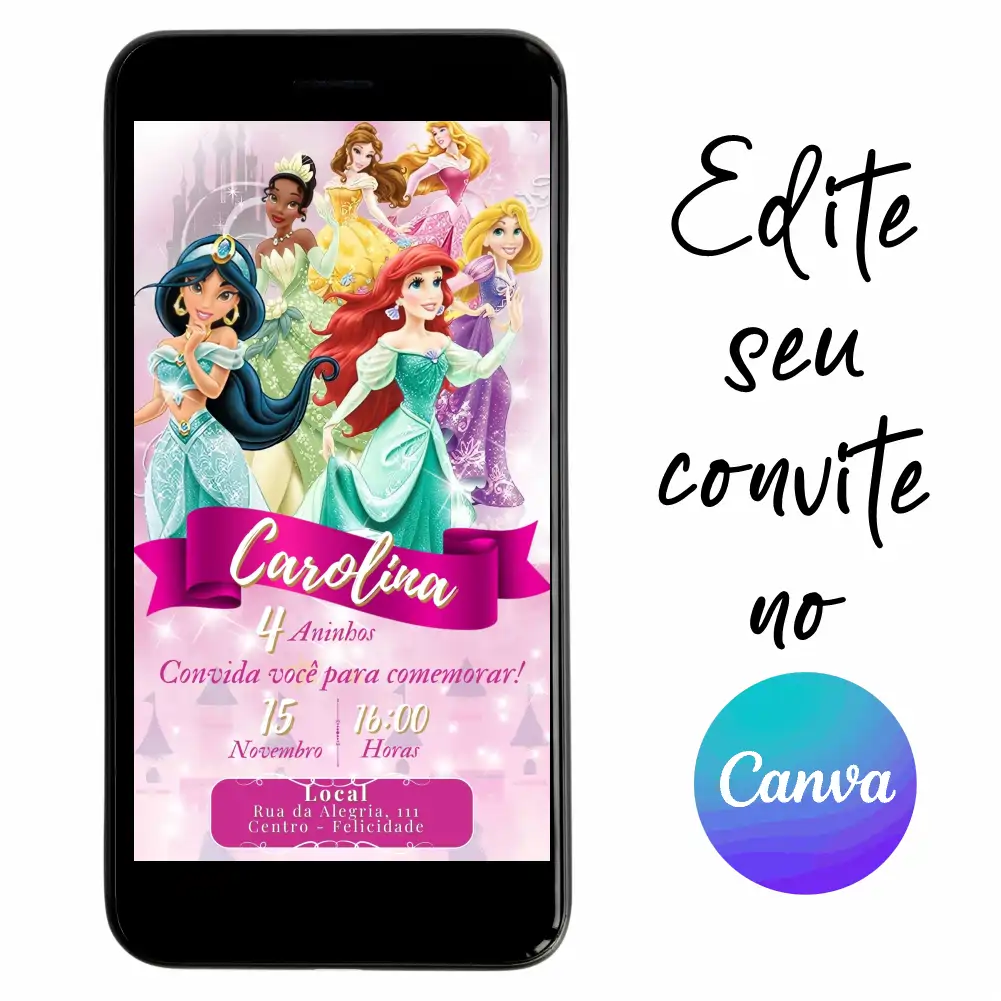 Princesas-Disney-02.webp Convite Aniversário Digital Princesas 02 Personalizável pelo Canva