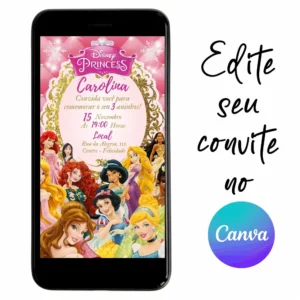 Convite Aniversário Digital Princesas 03 Personalizável pelo Canva